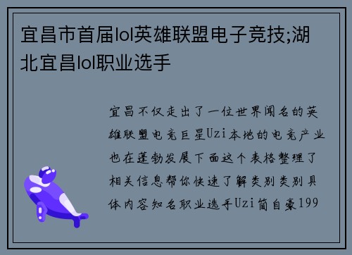 宜昌市首届lol英雄联盟电子竞技;湖北宜昌lol职业选手